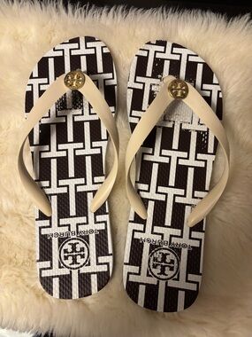 Tory Burch Black & Ivory Geometric Logo Flip Flops
